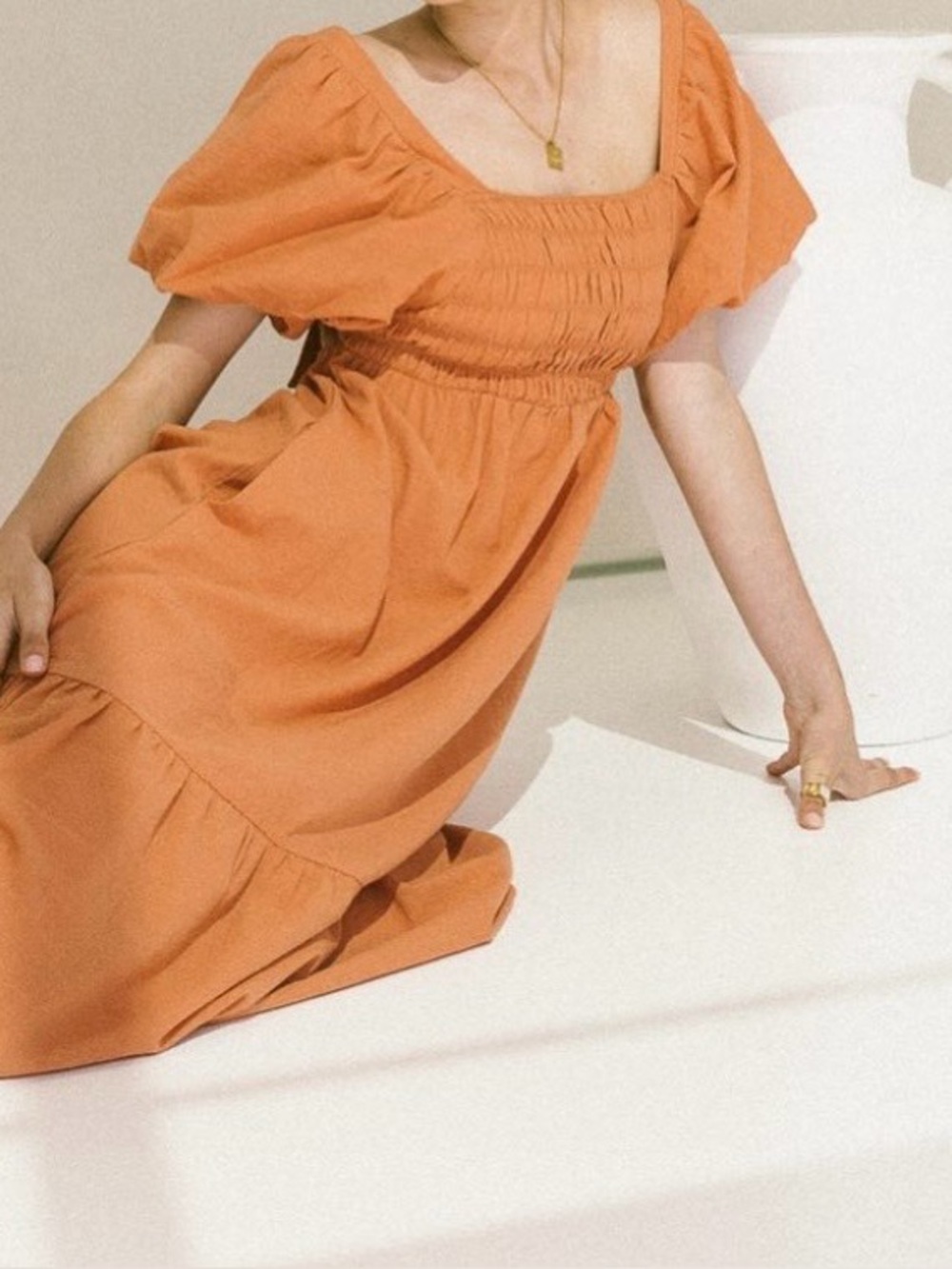 The Lullaby Club Smocked Puff-Sleeve Maxi Dress in Terracotta Orange